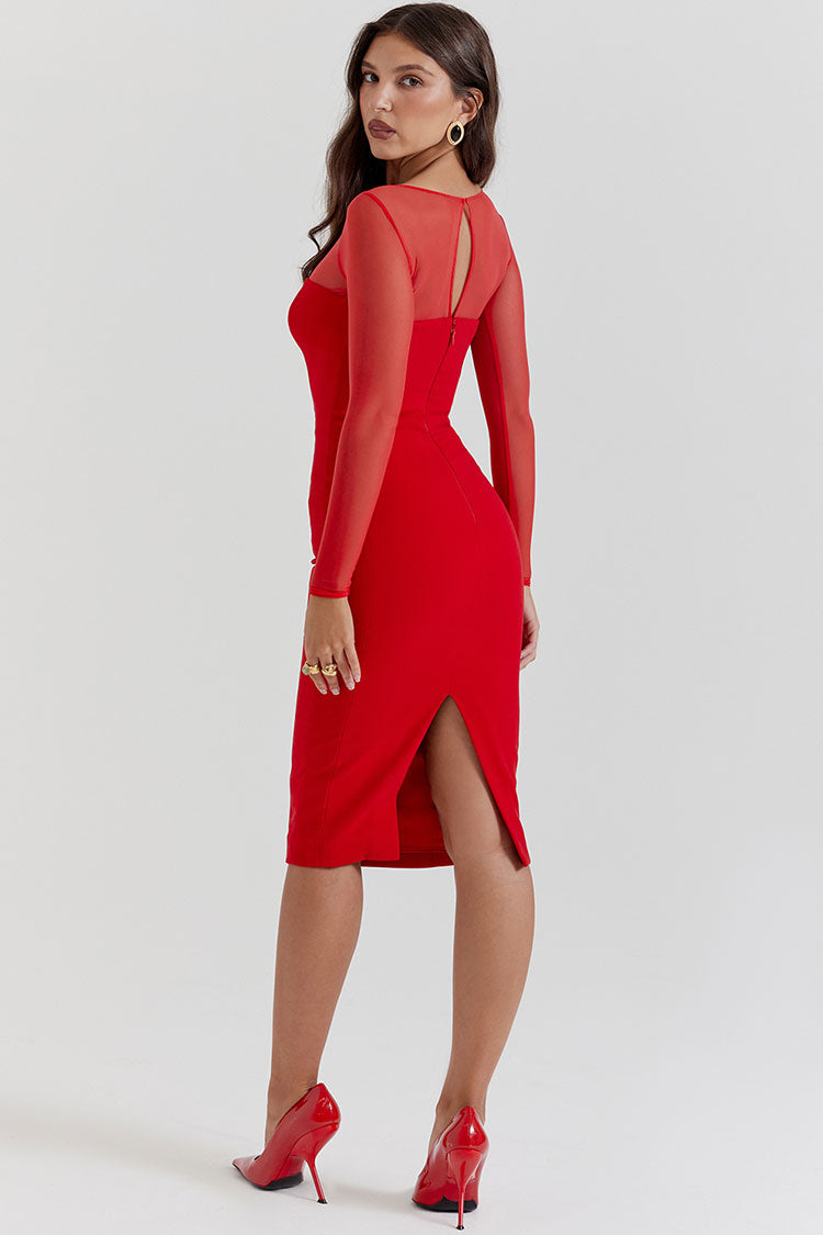 Sexy Sheer Mesh Crew Neck Long Sleeve Bodycon Cocktail Party Midi Dress - Red