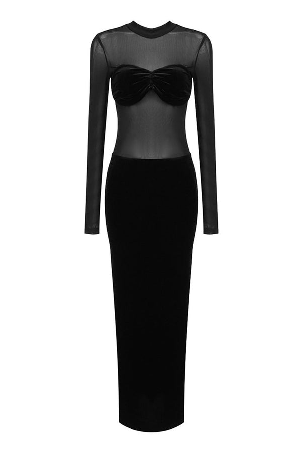 Sexy Sheer Mesh Mock Neck Bustier Long Sleeve Velvet Evening Maxi Dress