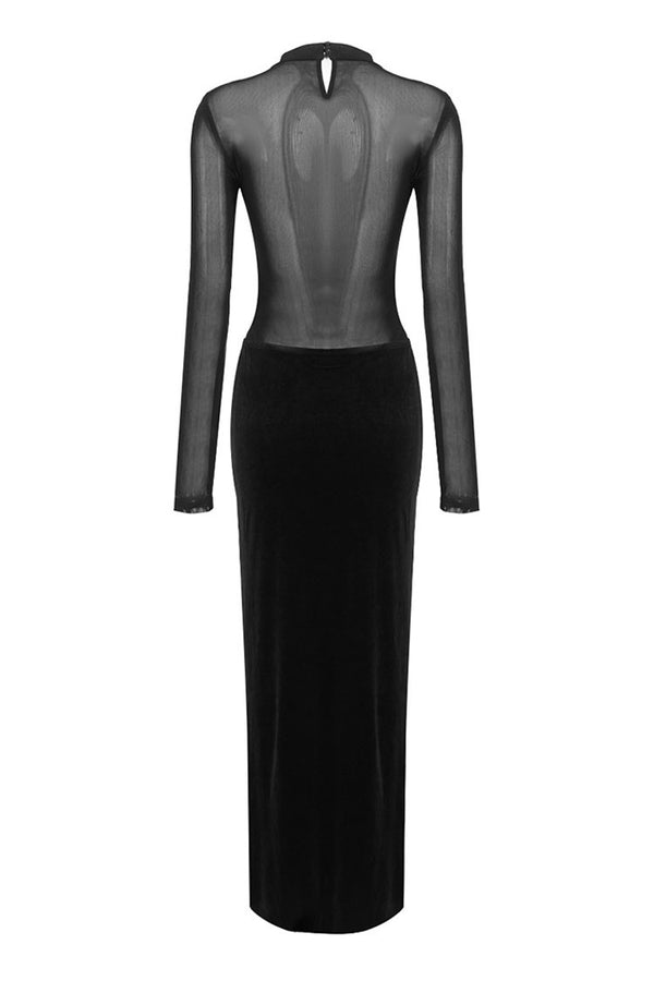 Sexy Sheer Mesh Mock Neck Bustier Long Sleeve Velvet Evening Maxi Dress