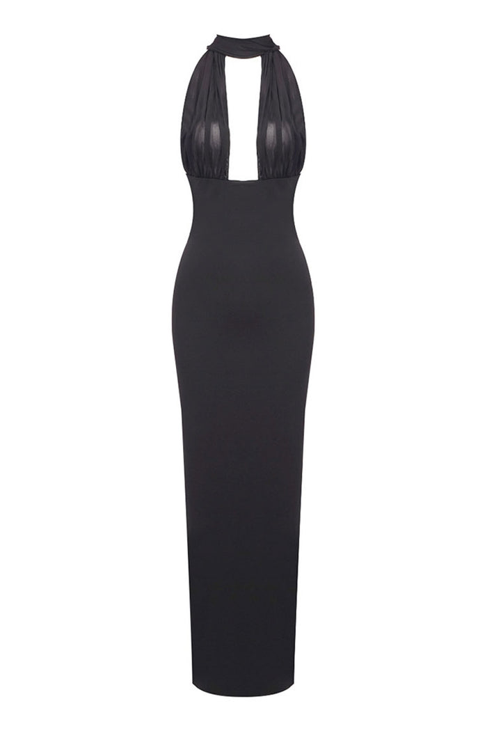 Sexy Sheer Mesh Plunge Halter Wrap Tie Draped Sheath Evening
