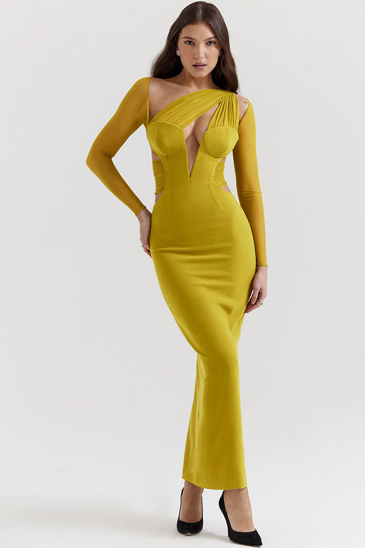 Sexy Sheer Ruched One Shoulder Cutout Bodycon Evening Maxi Dress - Yellow