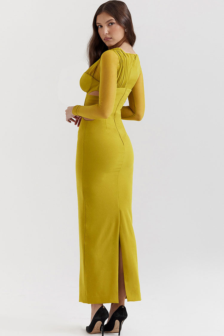 Sexy Sheer Ruched One Shoulder Cutout Bodycon Evening Maxi Dress - Yellow