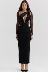 Sexy Sheer Ruched One Shoulder Cutout Bodycon Evening Maxi Dress - Black