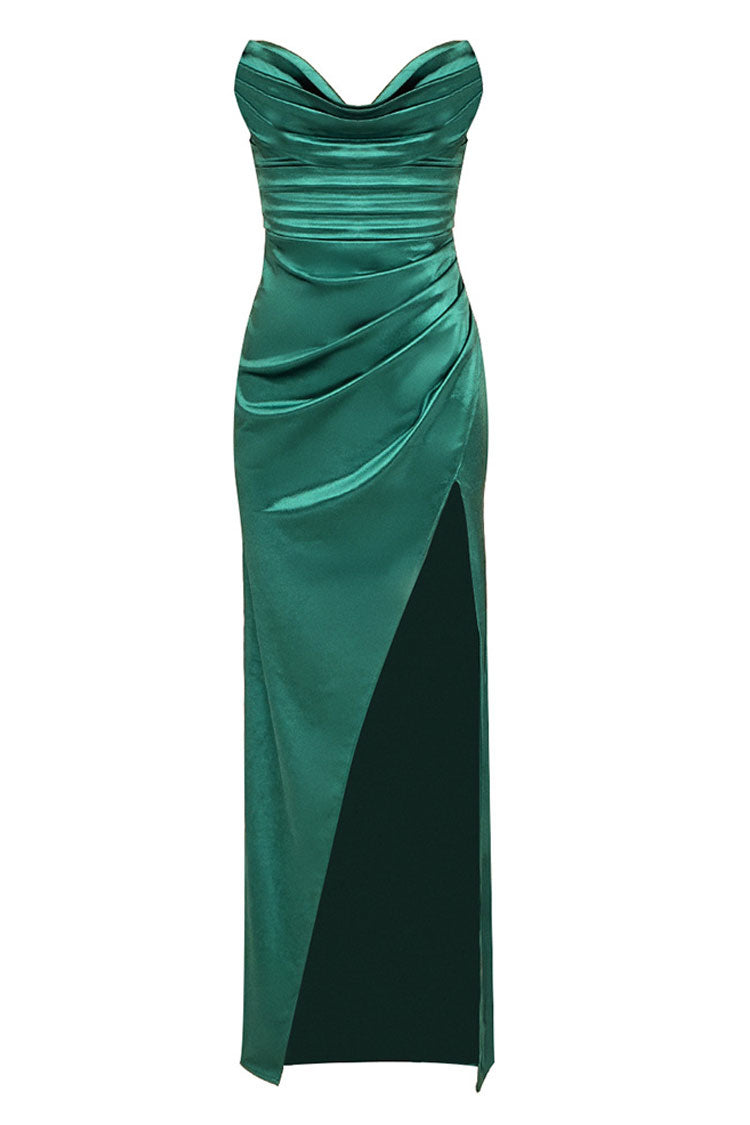 Sexy Silky Satin Cowl Neck Pleated High Split Strapless Evening Maxi Dress - Emerald Green
