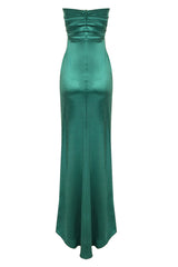 Sexy Silky Satin Cowl Neck Pleated High Split Strapless Evening Maxi Dress - Emerald Green