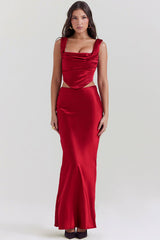 Sexy Silky Satin Lace Up Backless Crop Corset Maxi Skirt Two Piece Dress - Red