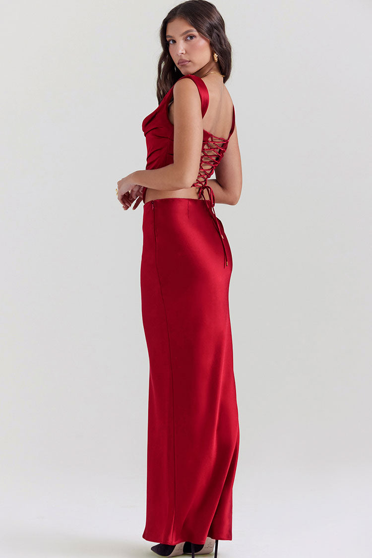Sexy Silky Satin Lace Up Backless Crop Corset Maxi Skirt Two Piece Dress - Red