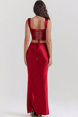 Sexy Silky Satin Lace Up Backless Crop Corset Maxi Skirt Two Piece Dress - Red