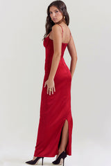 Sexy Silky Satin Sweetheart Spaghetti Strap Split Corset Evening Maxi Dress - Red