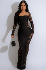 Sexy Square Neck Back Tie Long Sleeve Sheer Lace Maxi Dress - Black
