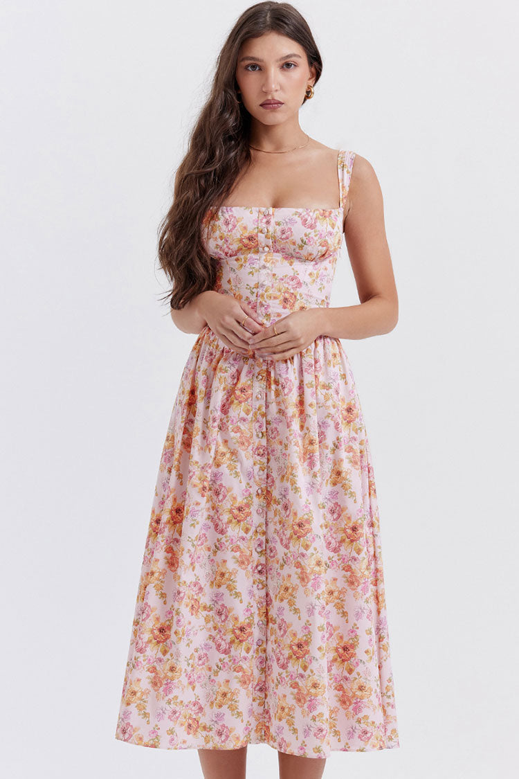 Sexy Square Neck Button Down Lace Up Fit & Flare Printed Midi Sundress - Floral