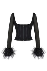 Sexy Square Neck Feather Trim Sheer Mesh Long Sleeve Crop Corset Top