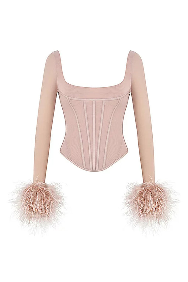 Sexy Square Neck Feather Trim Sheer Mesh Long Sleeve Crop Corset Top