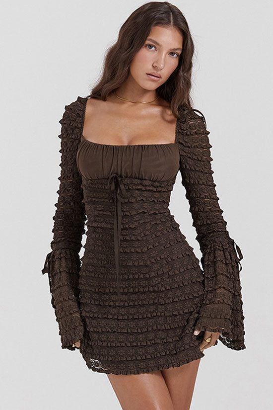Sexy Square Neck Flared Sleeve Tiered Ruffle Lace Bodycon Party Mini Dress - Coffee