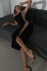 Sexy Square Neck Spaghetti Strap Lace Up Side Bodycon Club Midi Dress - Black