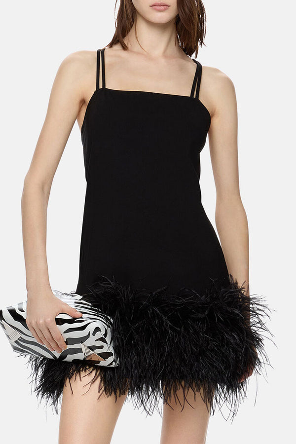 Sexy Square Neck Strappy O Ring Back Feathered Trim Party Mini Dress - Black