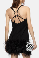 Sexy Square Neck Strappy O Ring Back Feathered Trim Party Mini Dress - Black