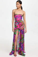 Sexy Strapless Printed Patchwork Ruffle Split Maxi Beach Vacation Dress - Hot Pink