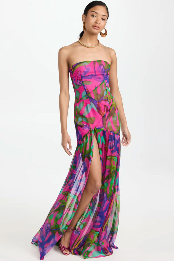 Sexy Strapless Printed Patchwork Ruffle Split Maxi Beach Vacation Dress - Hot Pink