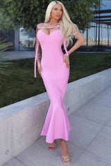 Sexy Sweetheart Chain Strap Bandage Fishtail Cocktail Party Midi Dress - Pink