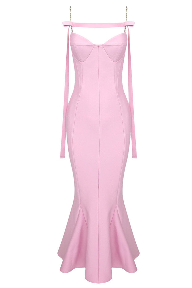 Sexy Sweetheart Chain Strap Bandage Fishtail Cocktail Party Midi Dress - Pink
