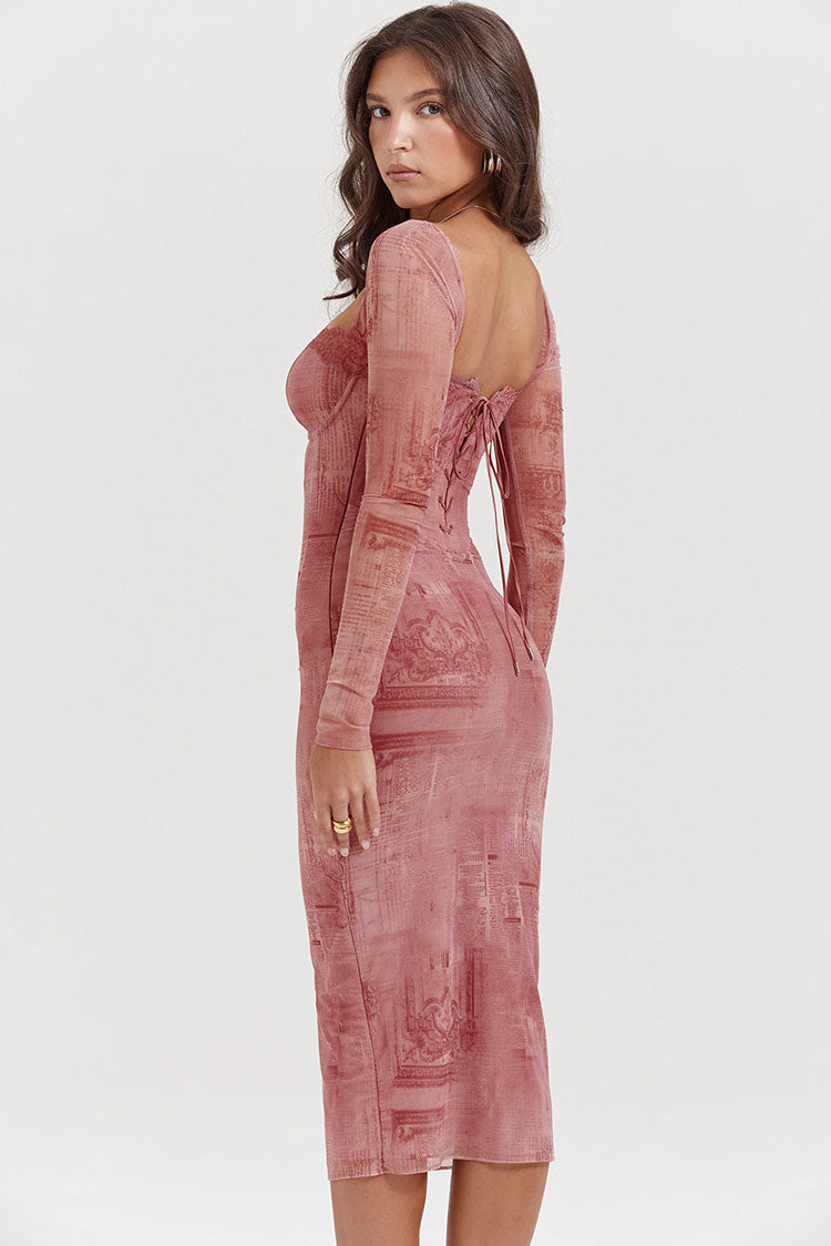 Sexy Sweetheart Lace Up Back Bodycon Printed Cocktail Party Midi Dress - Pink