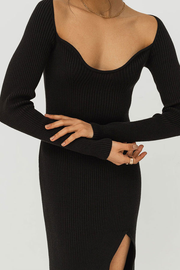 Sexy Sweetheart Neck Long Sleeve High Split Ribbed Knit Sweater Midi Dress - Black