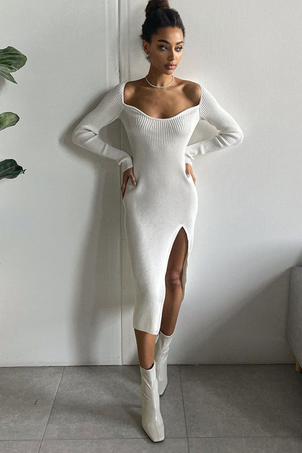 Sexy Sweetheart Neck Long Sleeve High Split Ribbed Knit Sweater Midi Dress - White