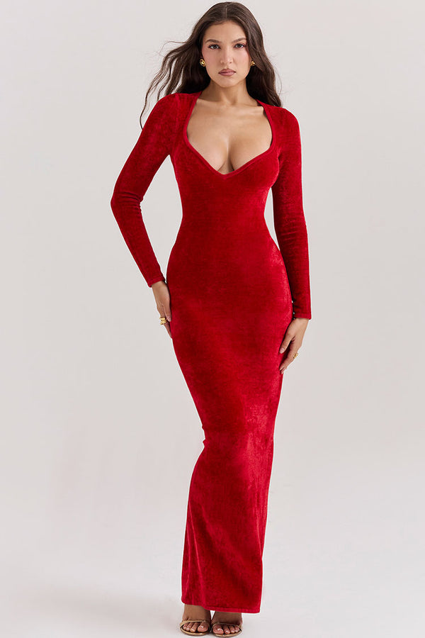 Sexy Sweetheart Neck Long Sleeve Velvet Bodycon Maxi Evening Dress - Red