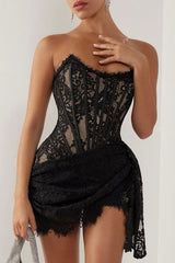 Sexy Sweetheart Neck Ruched Draped Corset Lace Prom Party Mini Dress - Black