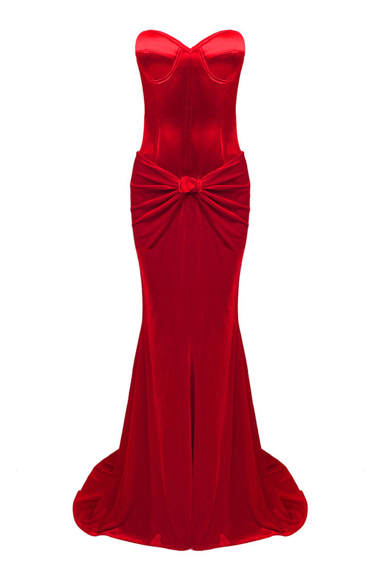 Sexy Sweetheart Satin Top Bowknot High Waist Fishtail Two Piece Maxi Dress - Red