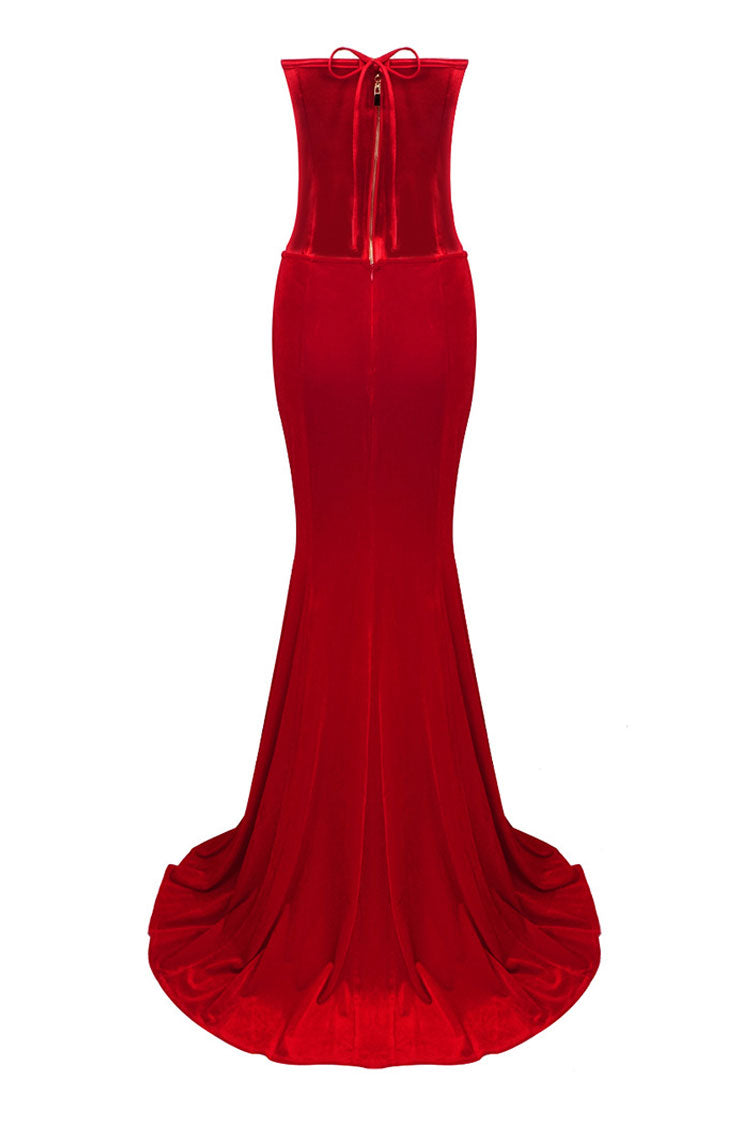 Sexy Sweetheart Satin Top Bowknot High Waist Fishtail Two Piece Maxi Dress - Red