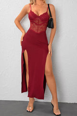 Sexy Sweetheart Semi Sheer Lace Panel High Split Evening Maxi Dress - Red