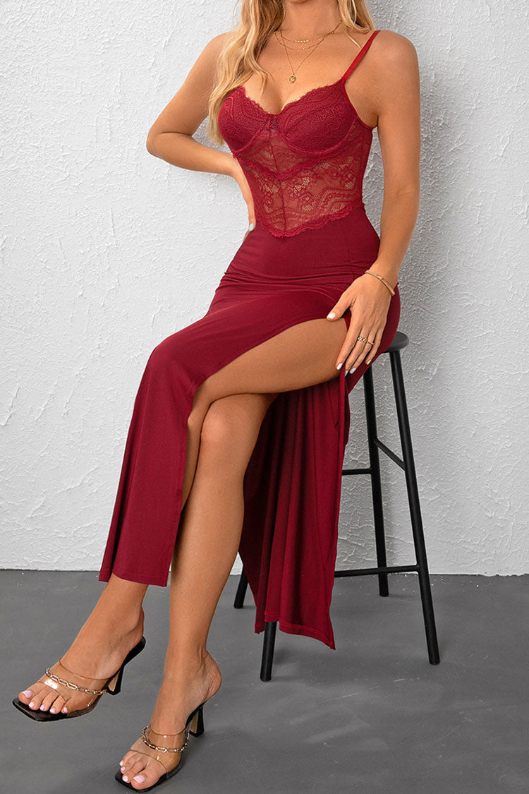 Sexy Sweetheart Semi Sheer Lace Panel High Split Evening Maxi Dress - Red