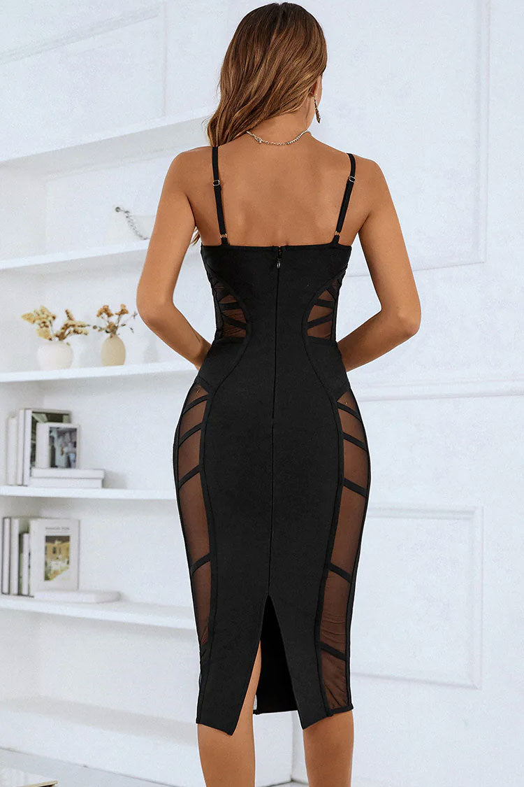 Sexy Sweetheart Spaghetti Strap Mesh Panel Bandage Cocktail Midi Dress - Black