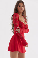 Sexy Sweetheart Tie Neck Long Sleeve Sheer Lace Satin Party Mini Dress - Red