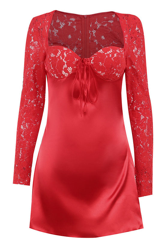 Sexy Sweetheart Tie Neck Long Sleeve Sheer Lace Satin Party Mini Dress - Red