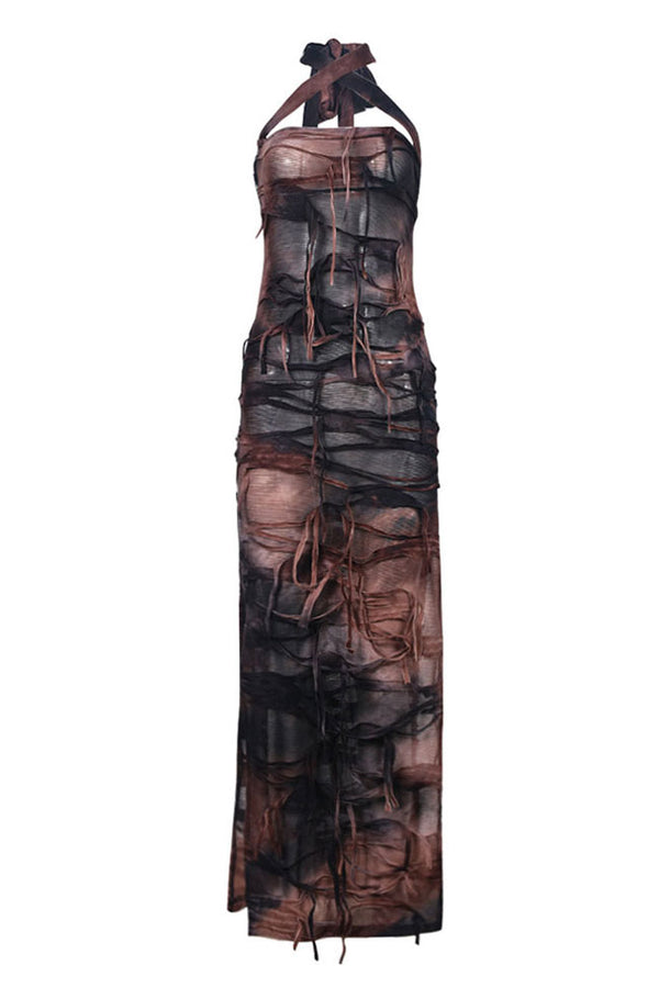 Sexy Tie Dye Printed Distressed Fringe Split Bodycon Halter Maxi Dress