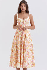 Sexy Tie Neck High Split Floral Printed Summer Midi Sundress - Beige