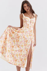 Sexy Tie Neck High Split Floral Printed Summer Midi Sundress - Beige