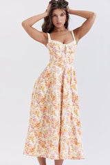 Sexy Tie Neck High Split Floral Printed Summer Midi Sundress - Beige