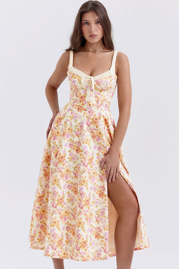 Sexy Tie Neck High Split Floral Printed Summer Midi Sundress