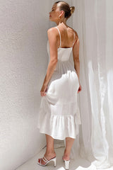 Sexy V Neck Button Down Summer Ruffle Linen Slip Midi Sundress - White