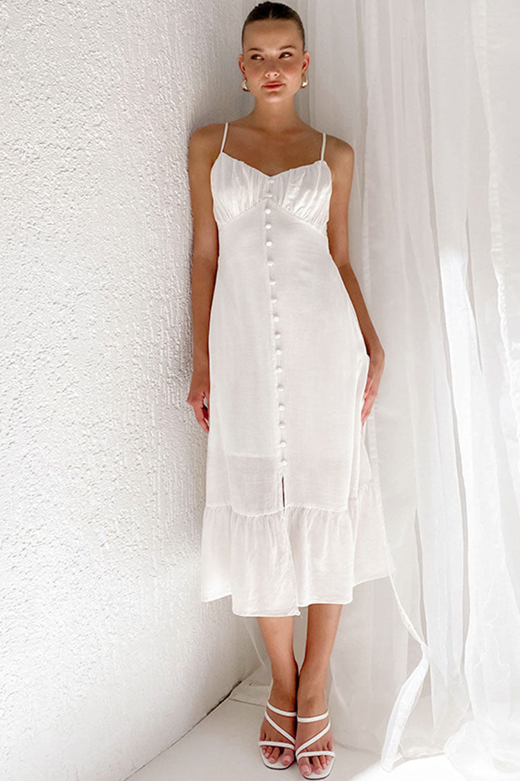 Sexy V Neck Button Down Summer Ruffle Linen Slip Midi Sundress - White