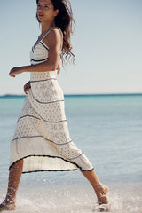 Sexy V Neck Cami Bicolor Striped Crochet Knit Midi Beach Vacation Dress - White