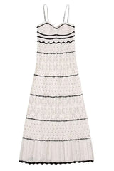 Sexy V Neck Cami Bicolor Striped Crochet Knit Midi Beach Vacation Dress - White