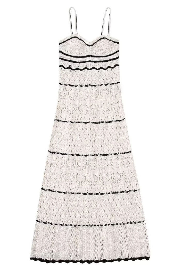 Sexy V Neck Cami Bicolor Striped Crochet Knit Midi Beach Vacation Dress -  White