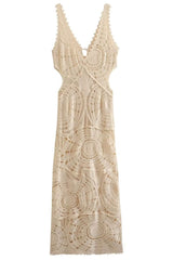 Sexy V Neck Cutout Circle Crochet Open Knit Maxi Beach Vacation Dress - Beige