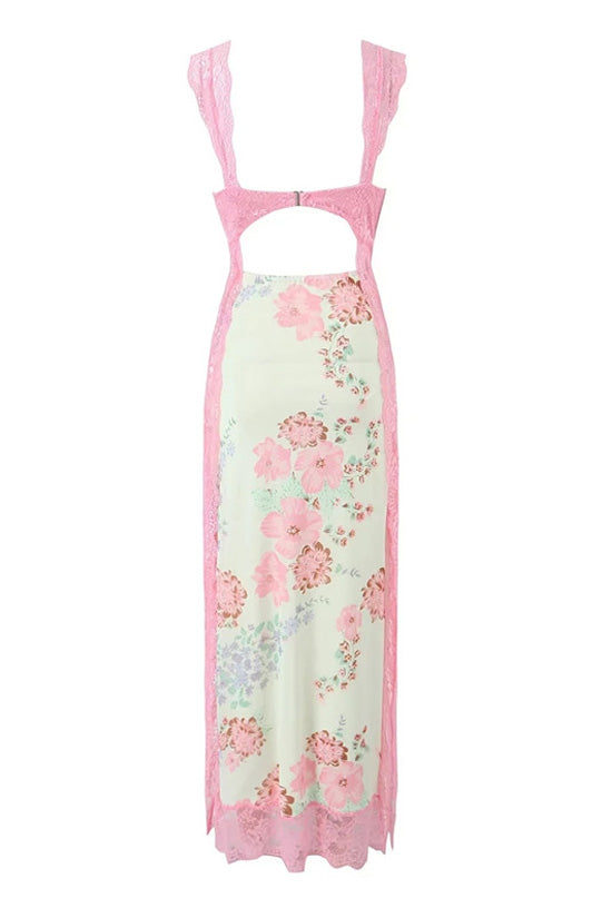 Sexy V Neck Cutout Lace Mesh Sleeveless Floral Print Split Slip Maxi Dress