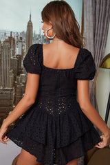 Sexy V Neck Puff Sleeve Broderie Anglaise Ultra Short Ruffle Tiered Dress - Black